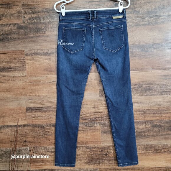 ATOS Lombardini Jeans 28 Skinny Mid Rise Rainbow Spell Out Dark Dark Wash - Picture 2 of 11